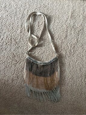 Beaded Fringe Crossbody Bag in Beige and Silver